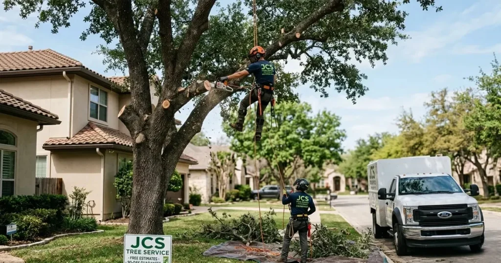 ISA-certified arborist pruning overgrown tree branches at a residential property in San Antonio, TX near the Pearl District.