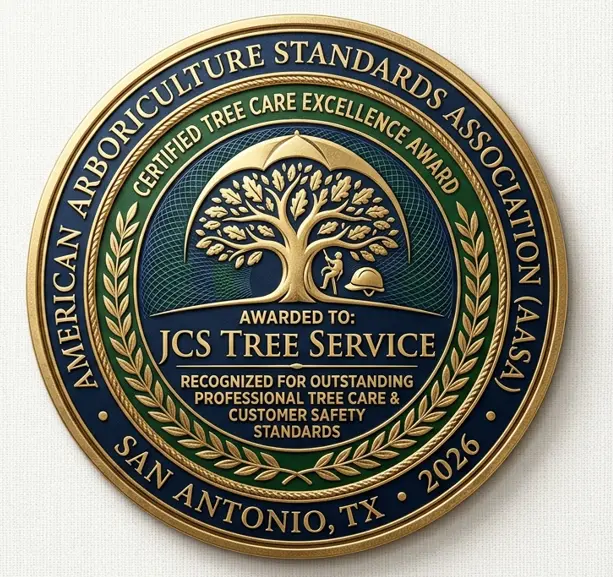 Professional Certified Tree Care Excellence Award badge issued to JCS Tree Service by the American Arboriculture Standards Association (AASA) in San Antonio, Texas for outstanding tree care and safety standards.