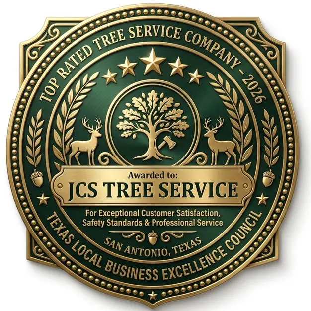 Top rated tree service company 2026 award badge for JCS Tree Service in San Antonio, Texas issued by Texas Local Business Excellence Council