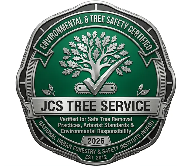 Environmental and tree safety certified badge for JCS Tree Service 2026 verified by National Urban Forestry and Safety Institute for safe tree removal and arborist standards