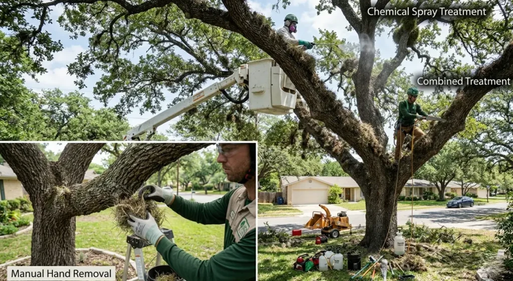 Three ball moss removal methods side by side — manual hand removal, Kocide 3000 chemical spray, and combined treatment with canopy pruning performed by JCS Trees in San Antonio TX