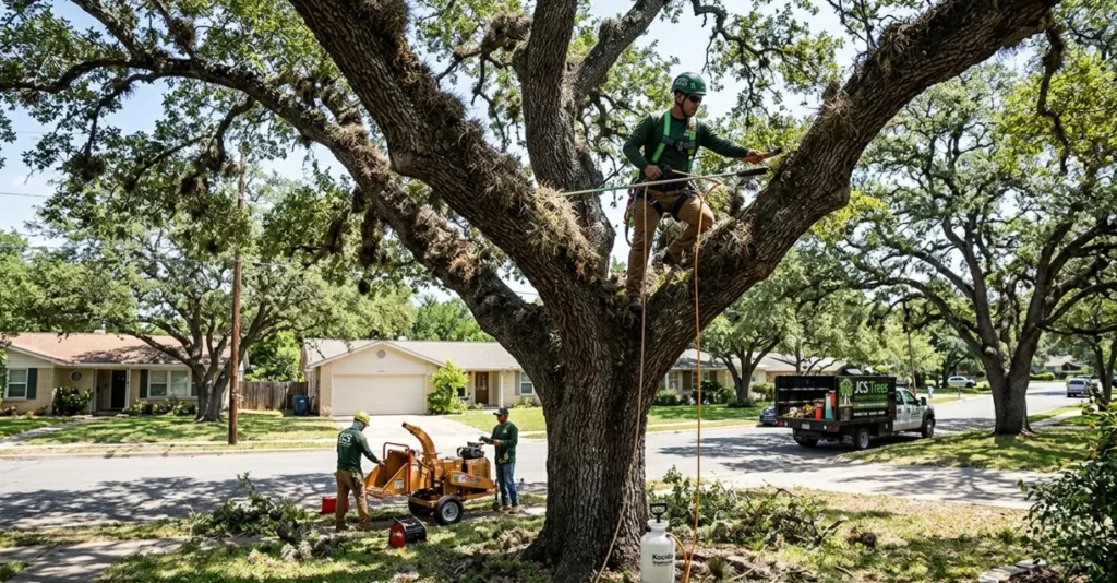 Ball moss removal from a live oak tree in Alamo Heights, San Antonio TX by JCS Trees ISA-certified arborist