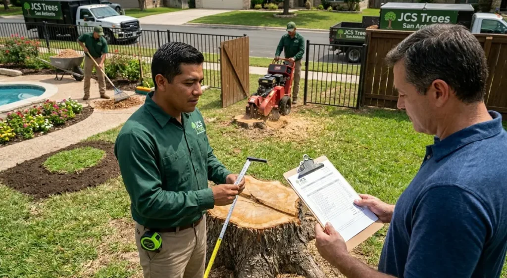 Licensed stump removal contractor measuring tree stump diameter during free on-site estimate in San Antonio TX