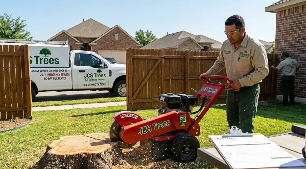 JCS Trees technician performing professional stump grinding on a large tree stump at a residential property in San Antonio, Texas.