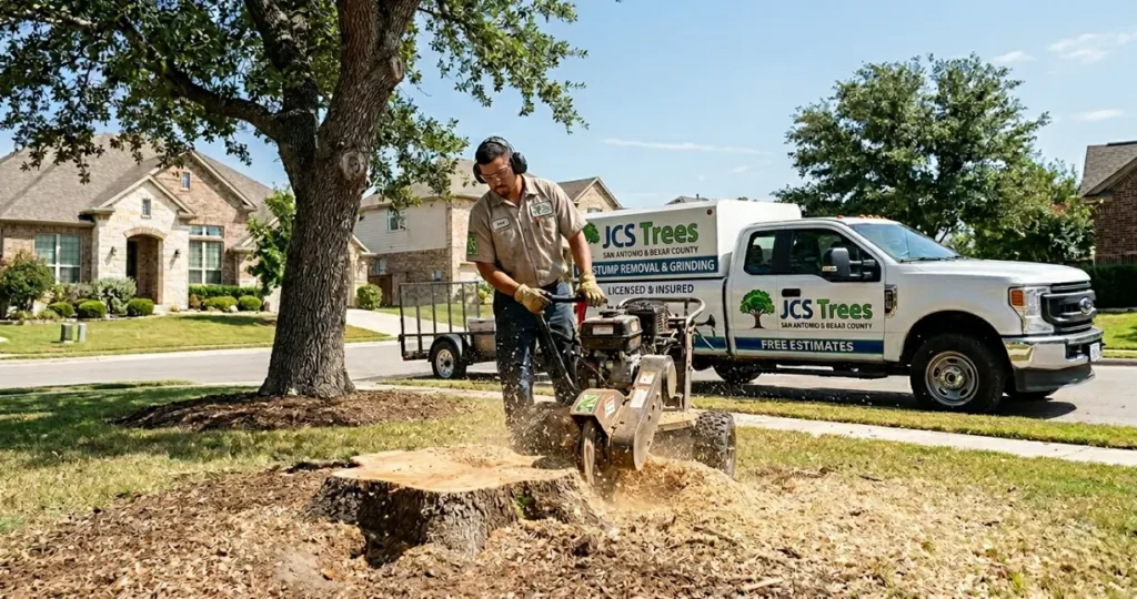 JCS Trees ISA-certified crew performing professional stump removal and stump grinding in San Antonio TX