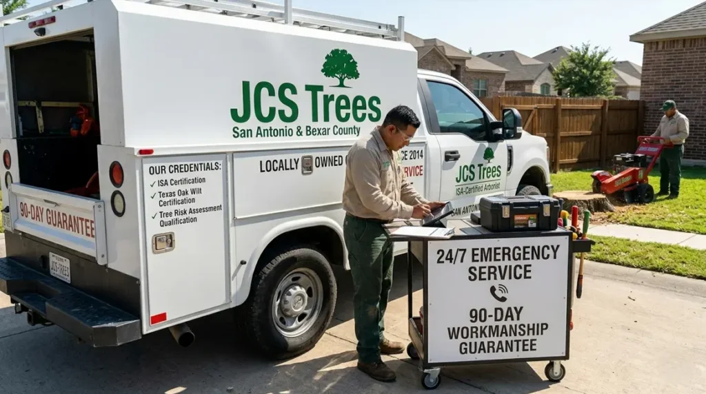 JCS Trees crew arriving at a residential property in San Antonio, TX with a service truck and professional tree care equipment before beginning work.