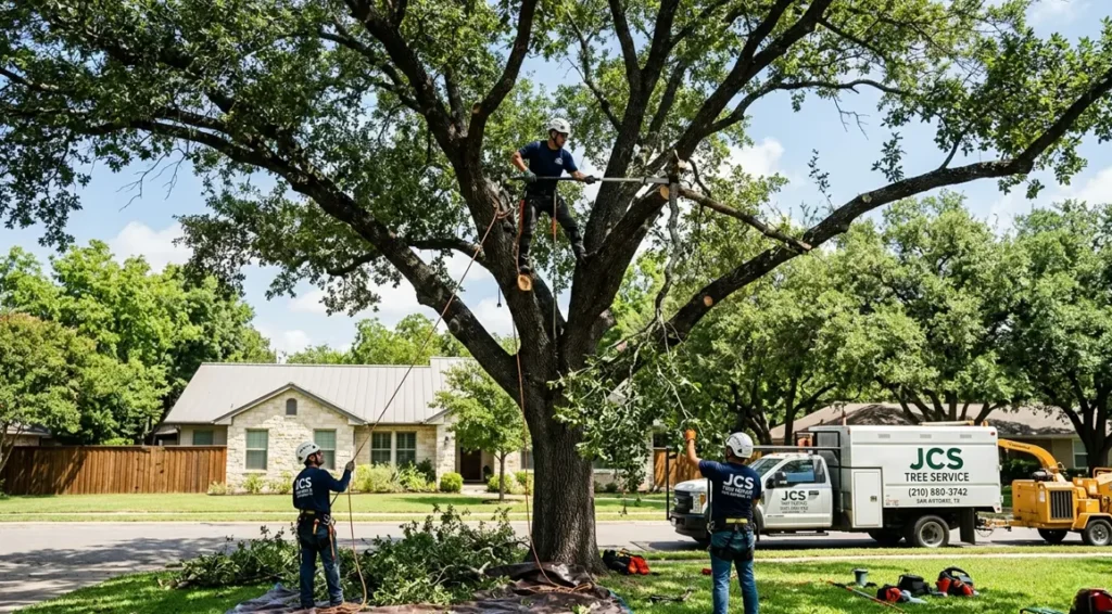 Equipo de JCS Tree Service realizando limpieza de copa y remoción de ramas muertas durante servicio de poda profesional en Terrell Hills, San Antonio TX 78209