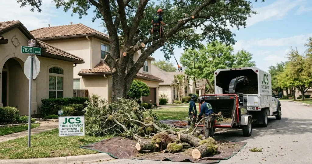 Ball moss removal from live oak during tree pruning service in Stone Oak, San Antonio TX 78258