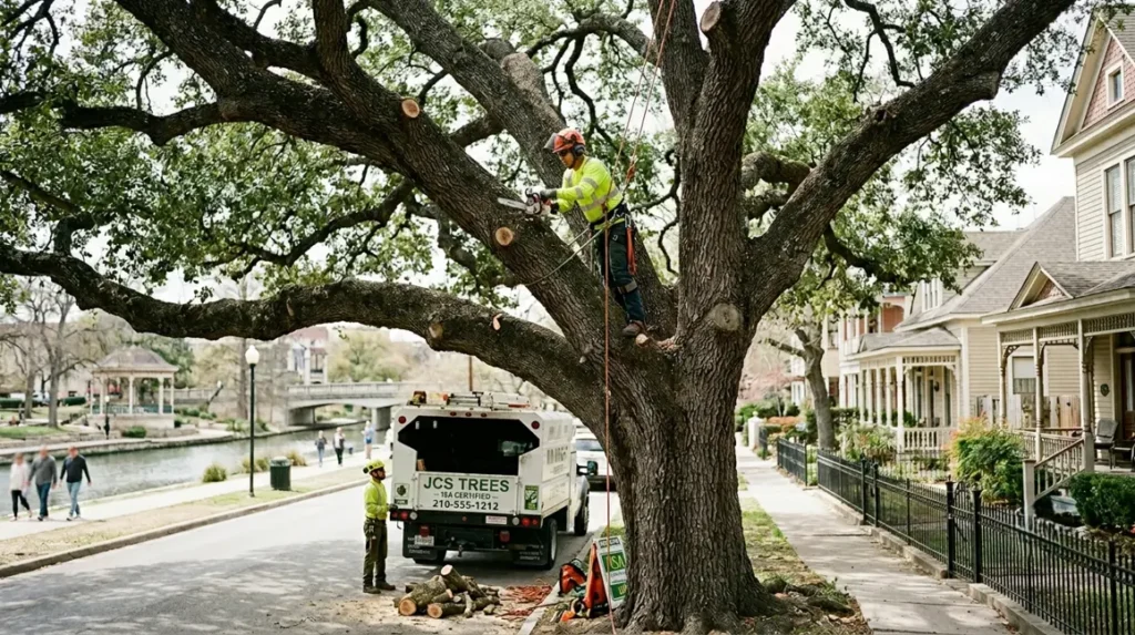 ISA Certified Arborist performing structural pruning on mature live oak tree in King William District San Antonio TX.