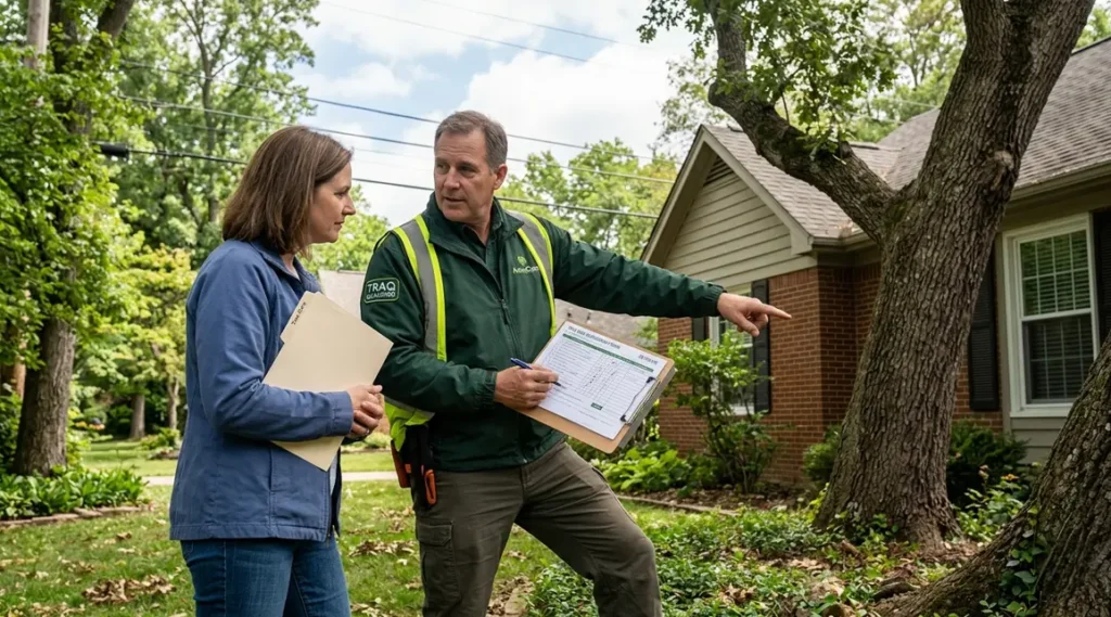 TRAQ-qualified arborist performing an emergency tree hazard assessment in San Antonio, TX while inspecting tree stability, structural risks, and nearby property before providing a written estimate.
