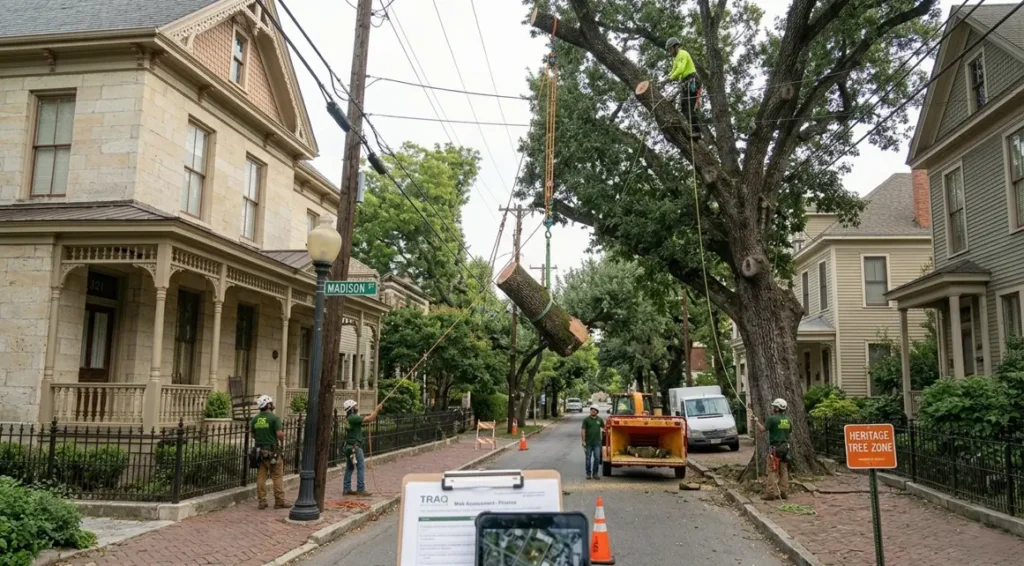ISA-certified crew performing controlled tree removal near historic homes in King William District San Antonio TX.