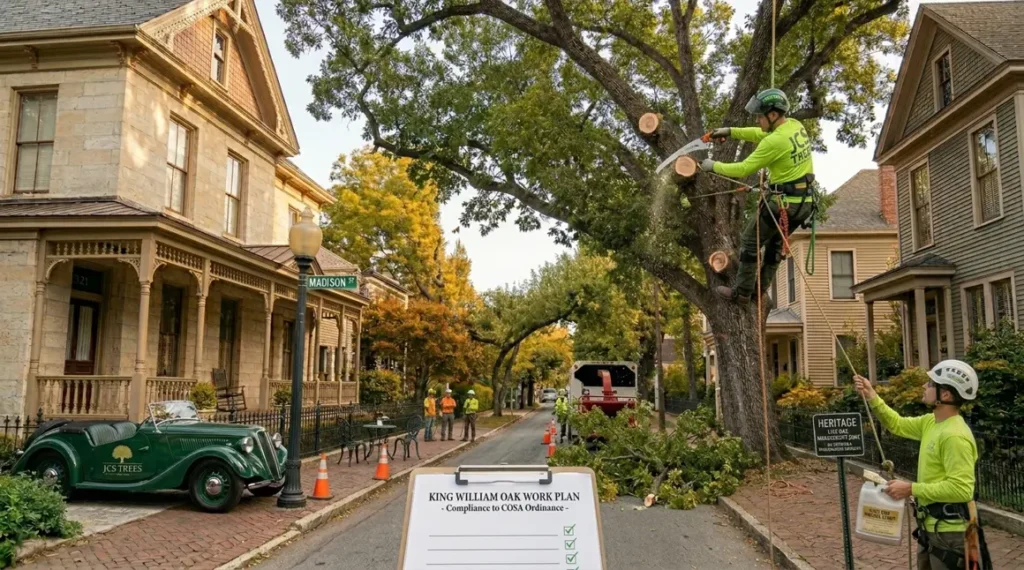 ISA-certified arborist performing precise canopy trimming on century-old live oak tree in King William District San Antonio TX.