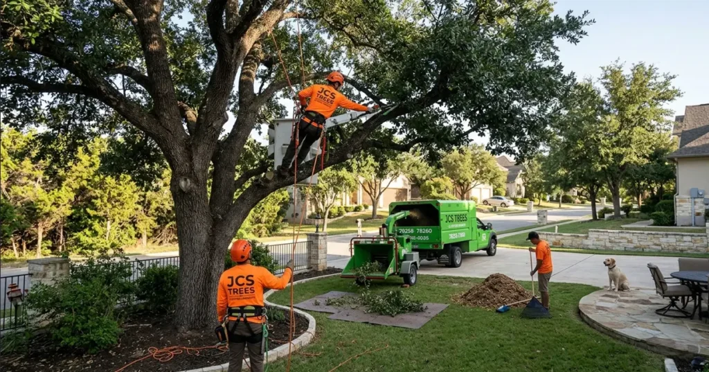 ISA-certified arborist performing live oak tree trimming at a residential property in Stone Oak TX near Panther Springs Park